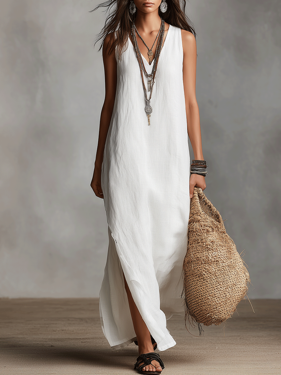 Vestido maxi blanco sin mangas con escote en V