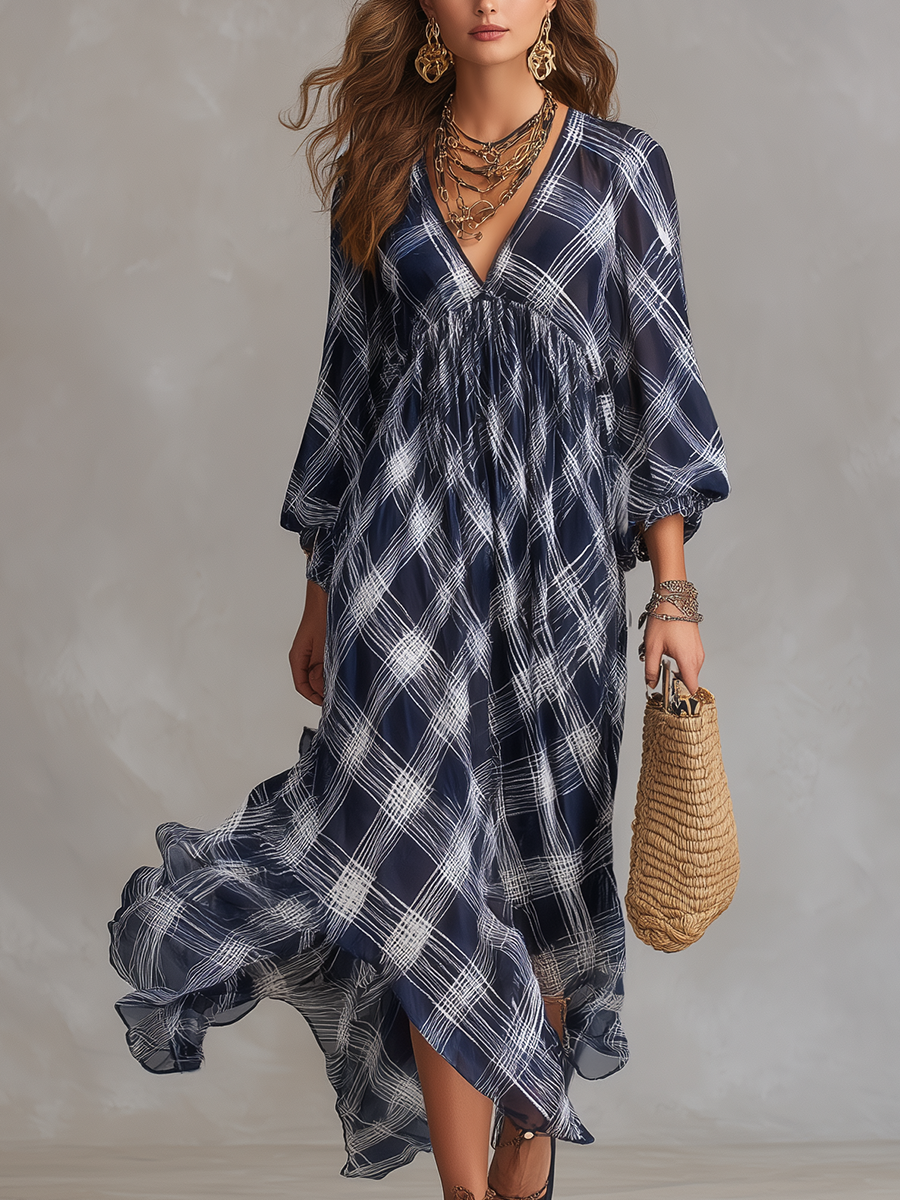 Vestido maxi fluido de estilo francés, azul marino a cuadros, de corte relajado