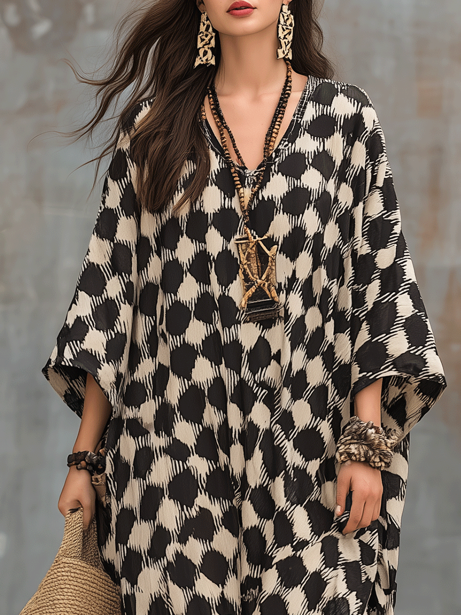 Vestido maxi caftán de inspiración bohemia con lunares y corte holgado