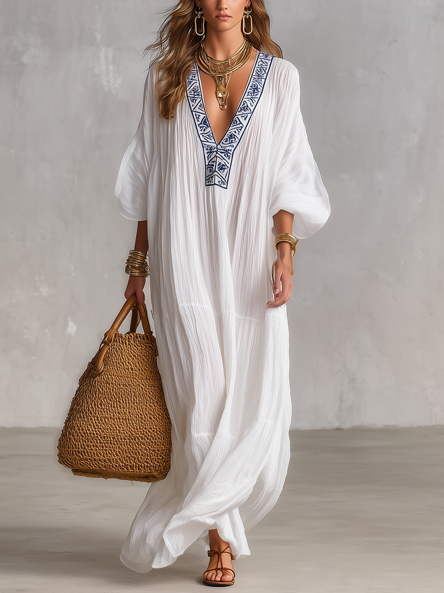 Vestido caftán maxi blanco bordado bohemio con escote en V y textura arrugada