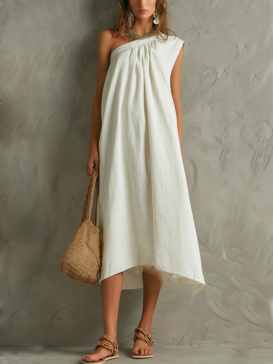 Vestido maxi blanco minimalista con un solo hombro y ambiente de resort