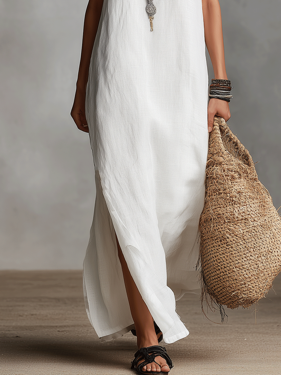 Vestido maxi blanco sin mangas con escote en V