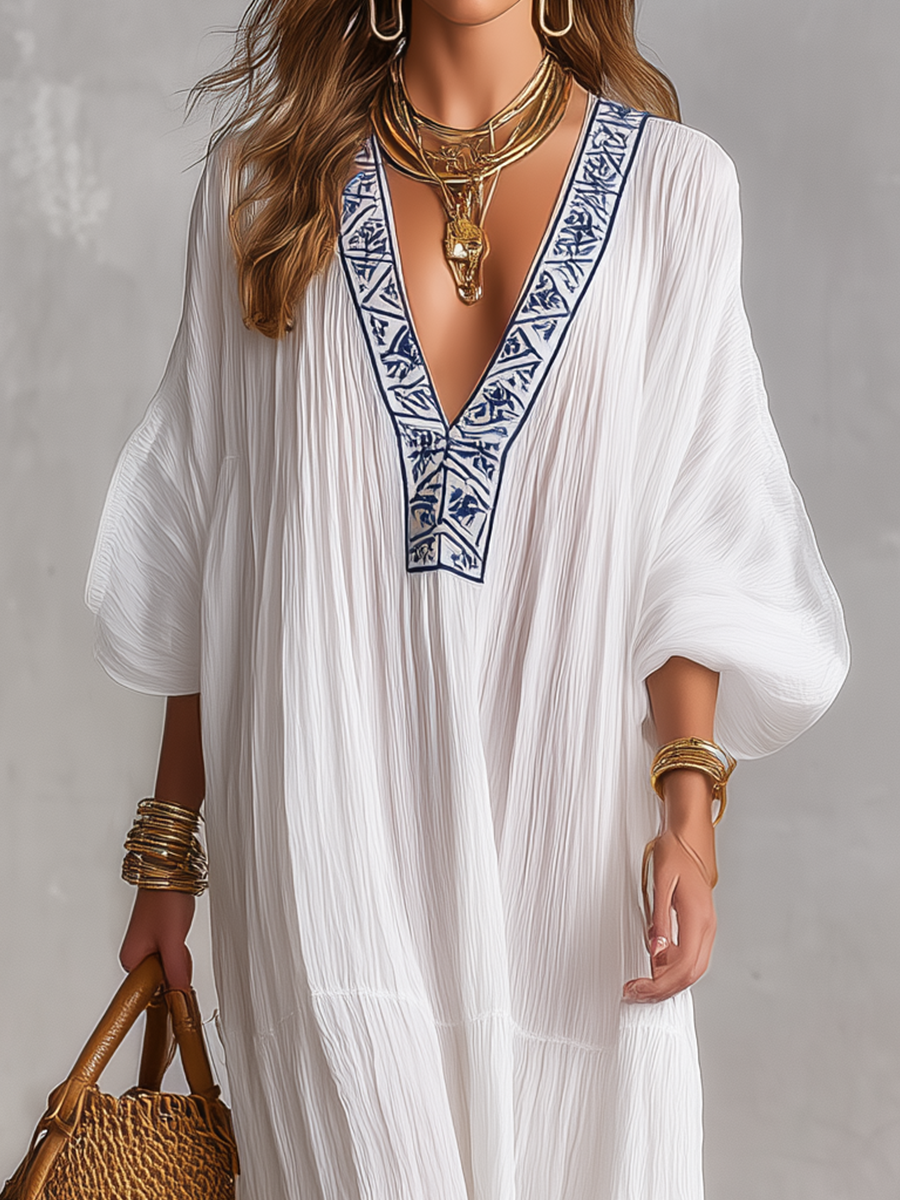 Vestido caftán maxi blanco bordado bohemio con escote en V y textura arrugada