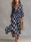 Vestido maxi fluido de estilo francés, azul marino a cuadros, de corte relajado