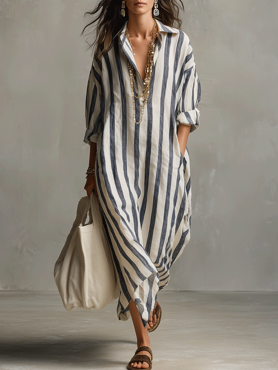 Camisa casual a rayas y vestido maxi de estilo bohemio