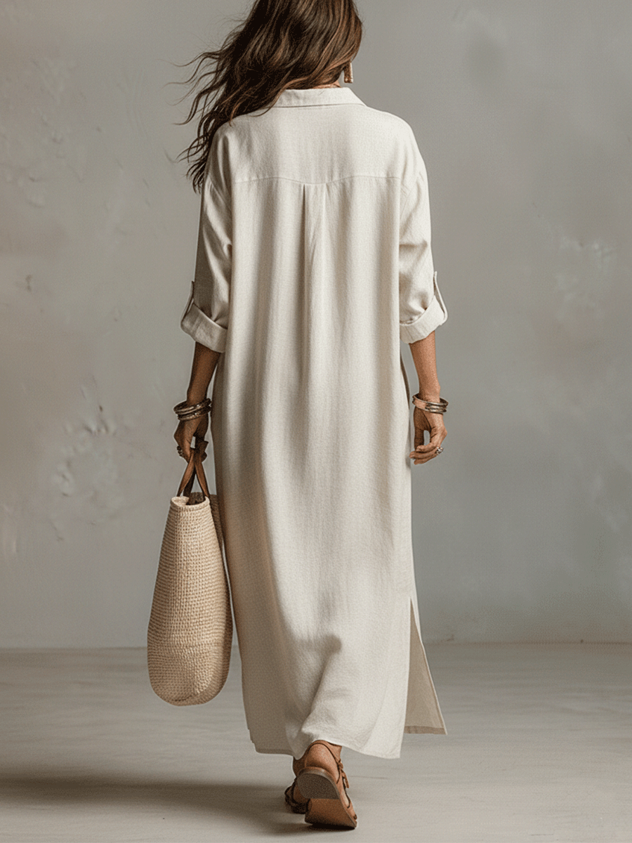 Vestido camisero maxi vintage ligero en crema natural