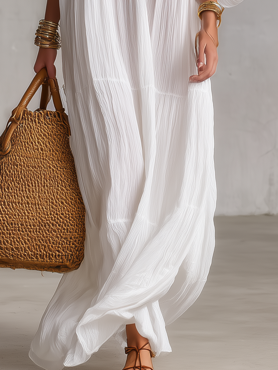 Vestido caftán maxi blanco bordado bohemio con escote en V y textura arrugada