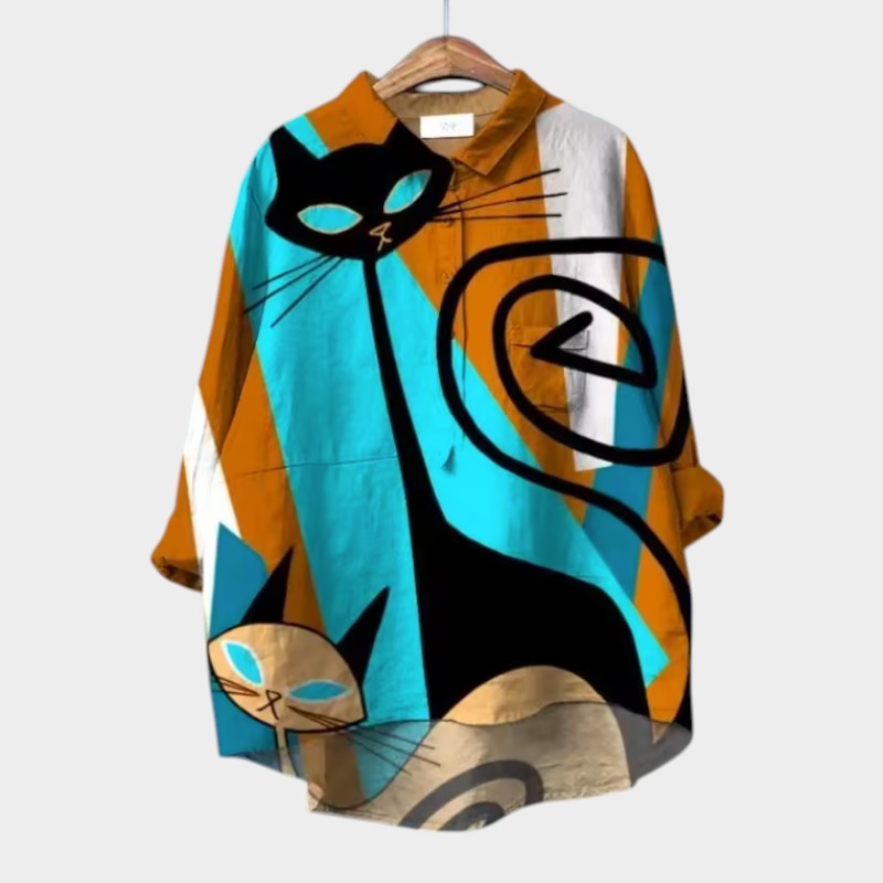 Liliana™ | Blusa de lino atemporal con gatos multicolores para la comodidad