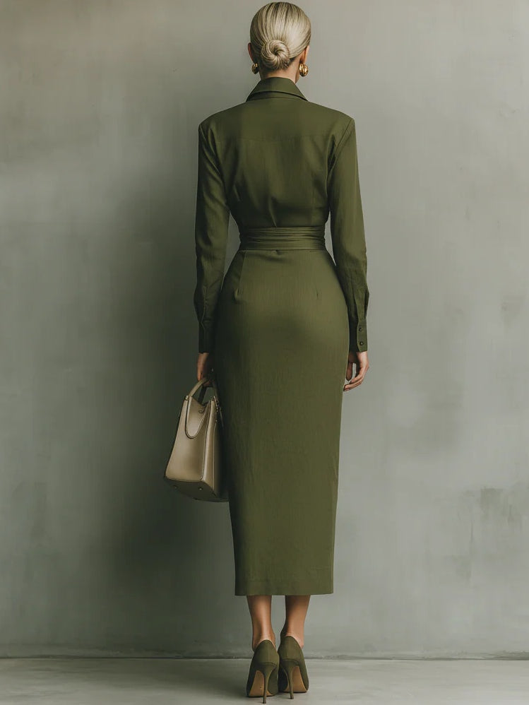 Noëlle™ | Vestido maxi en verde militar