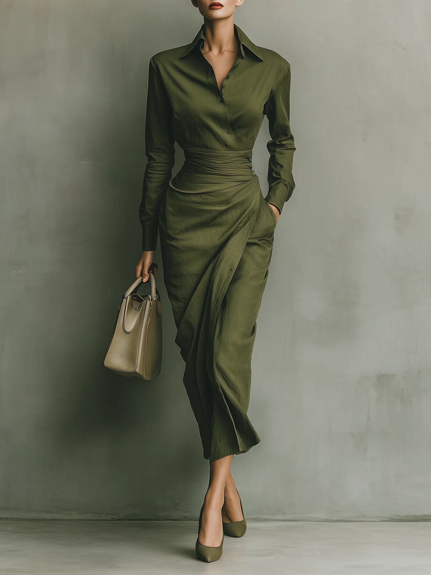 Noëlle™ | Vestido maxi en verde militar