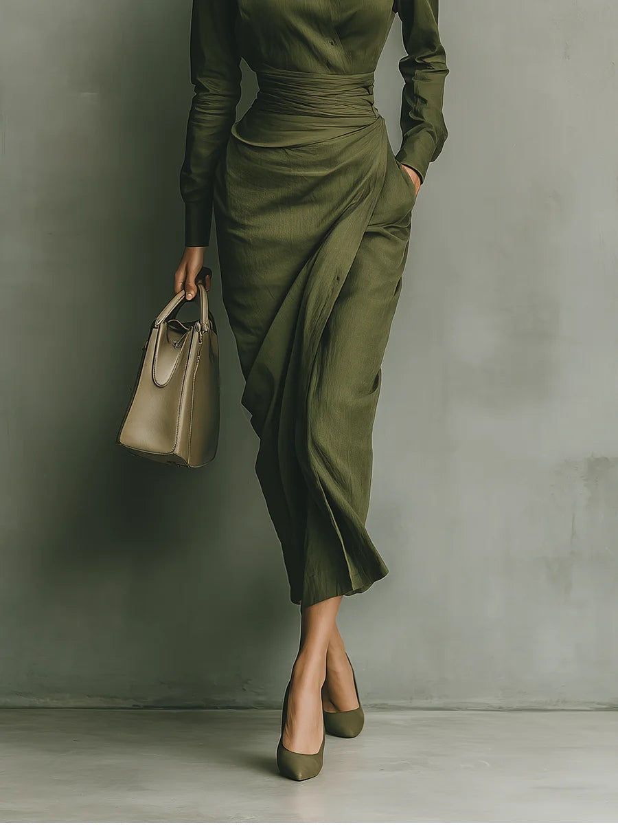 Noëlle™ | Vestido maxi en verde militar