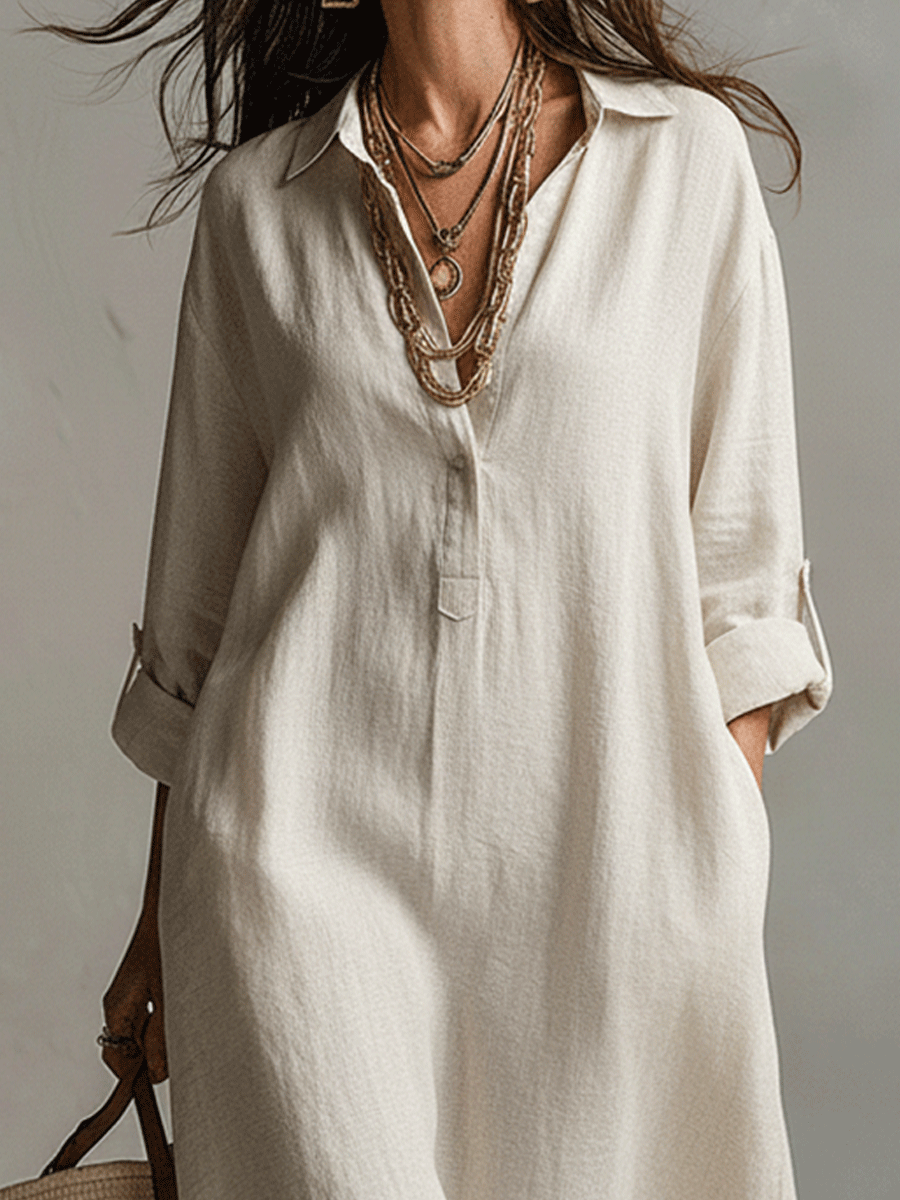 Vestido camisero maxi vintage ligero en crema natural