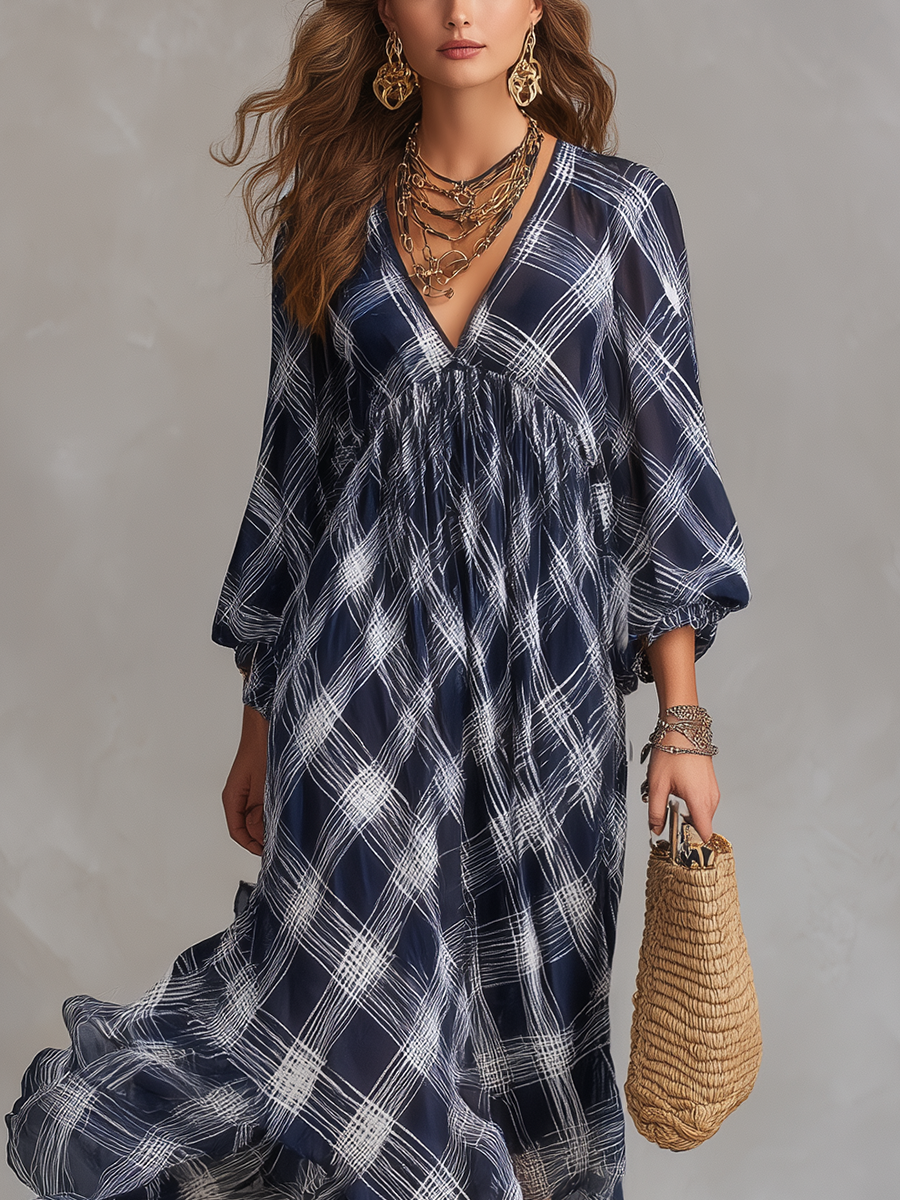 Vestido maxi fluido de estilo francés, azul marino a cuadros, de corte relajado