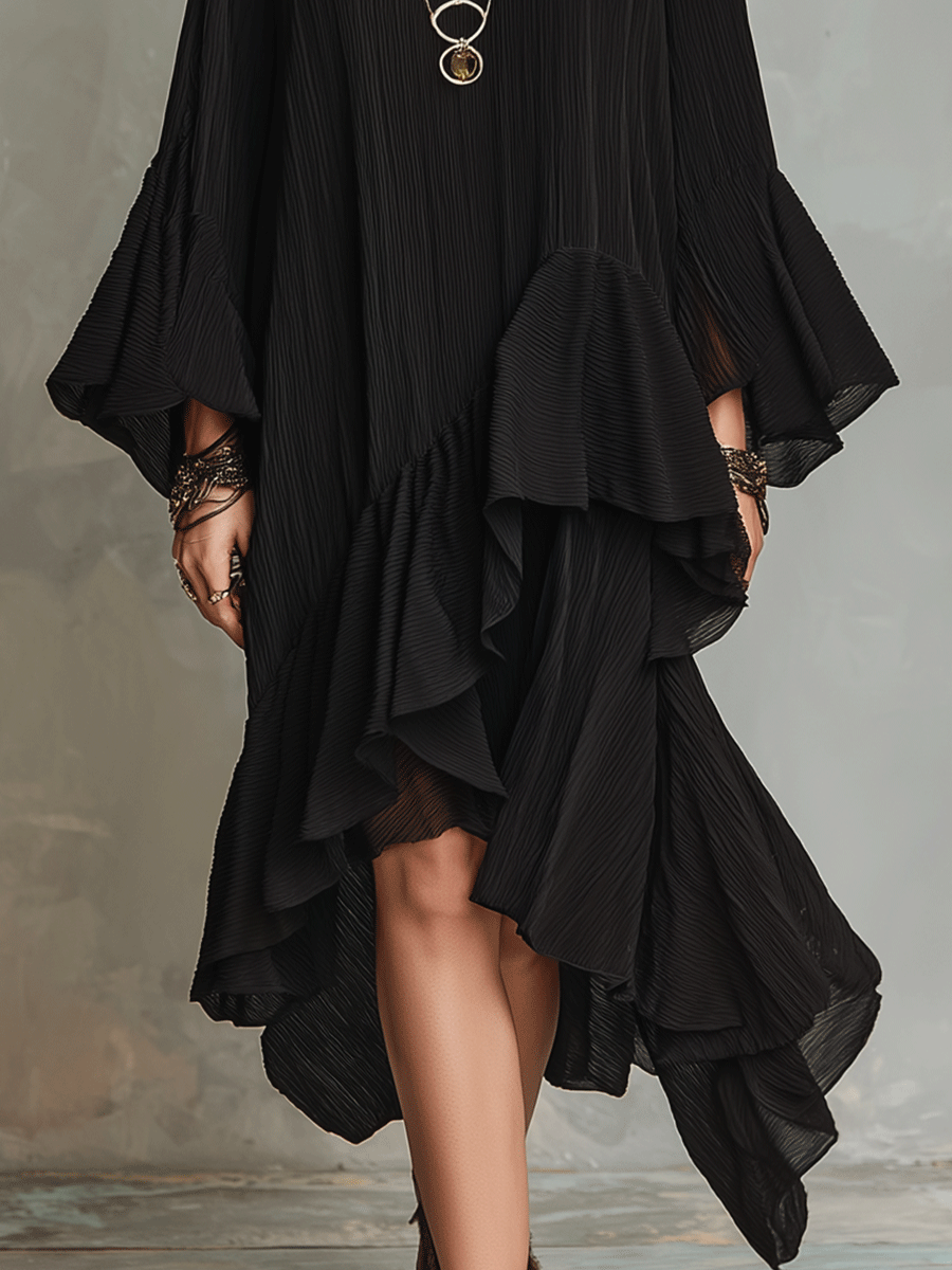Elegante vestido midi bohemio negro asimétrico con pliegues