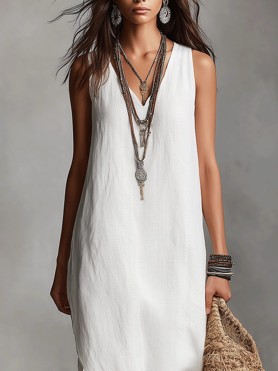 Vestido maxi blanco sin mangas con escote en V