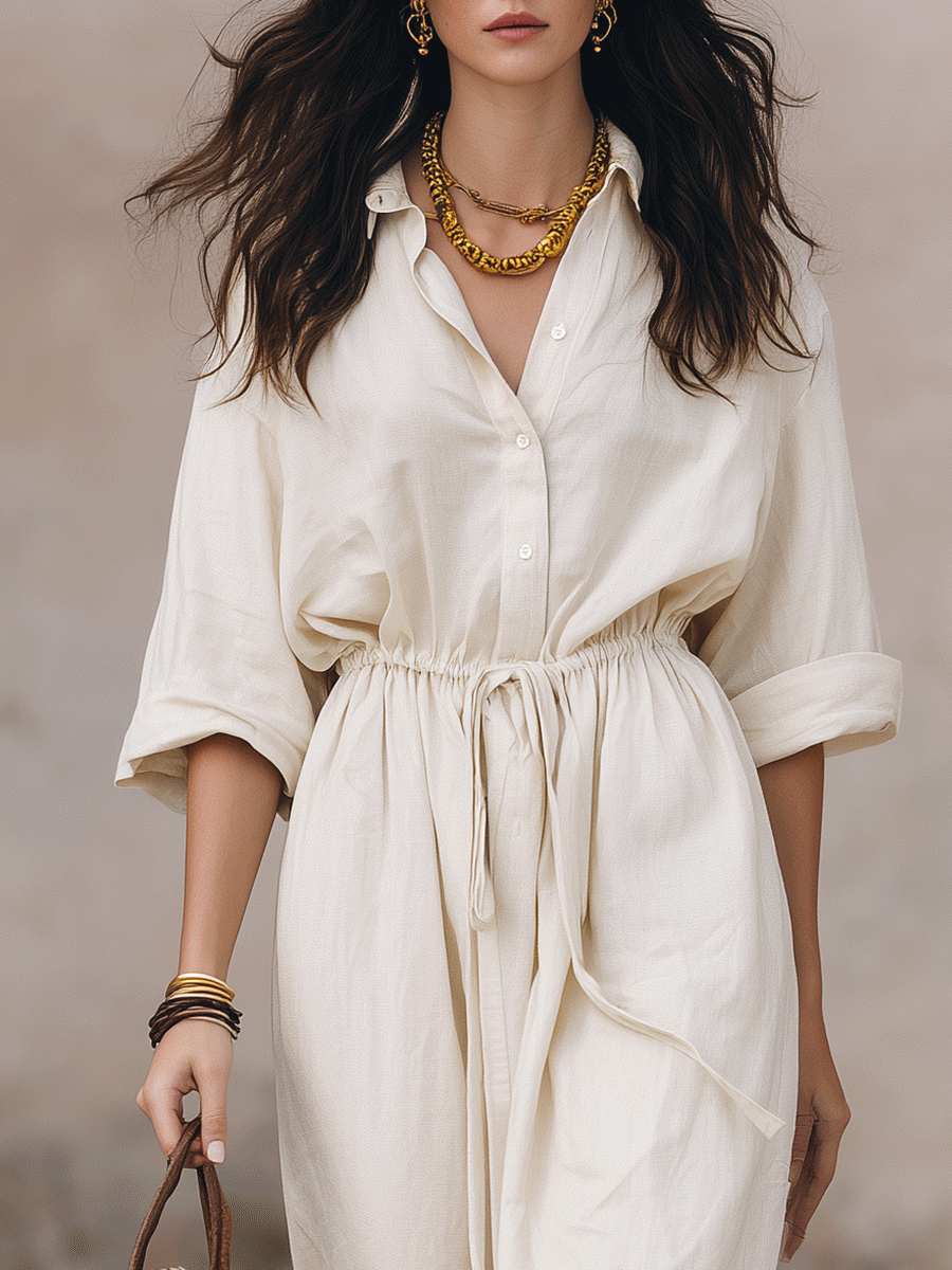 Vestido maxi bohemio tipo camisa sin esfuerzo con cordón en la cintura